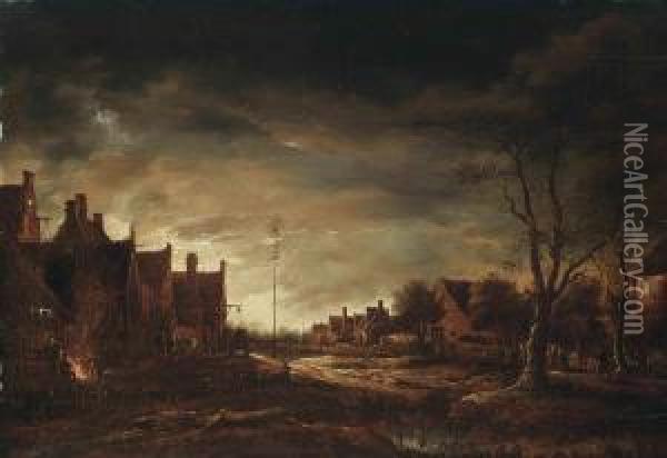 A Moonlit Winter Village, With Figures Around A Bonfire Oil Painting - Aert van der Neer
