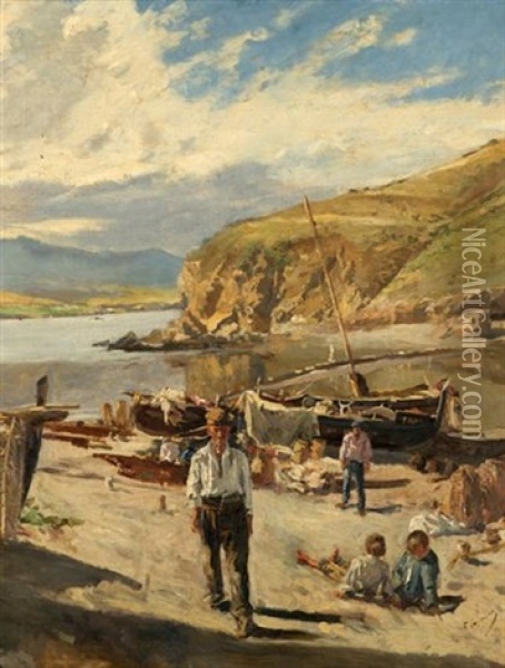 Figures Along The Shore Oil Painting - Francisco Gimeno Arasa