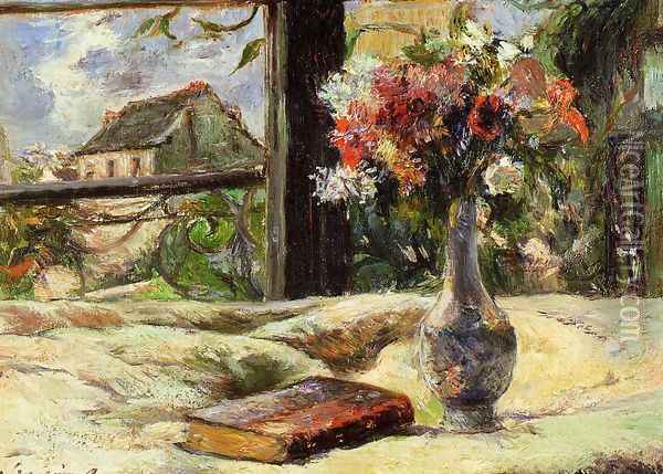 Vase Of Flowers And Window Oil Painting - Paul Gauguin