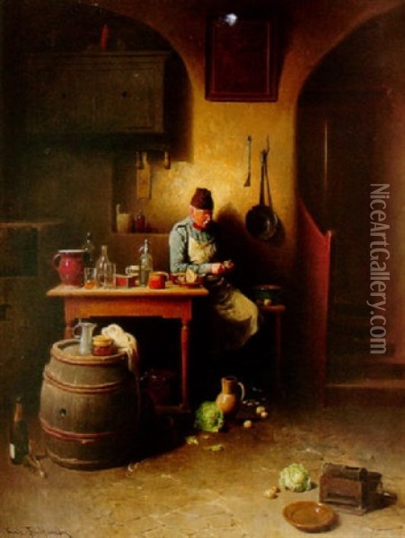 A Kitchen Interior With A Man Peeling Vegetables Oil Painting - Friedrich Ritter von Malheim Friedlaender