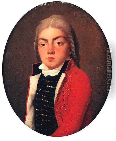 Portrait of a young Man, small half-length, in uniform Oil Painting - Alexander Roslin