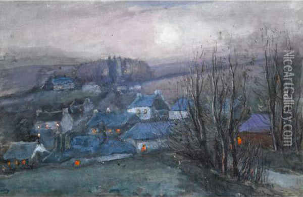 Village At Dusk Oil Painting - William Edwin Atkinson