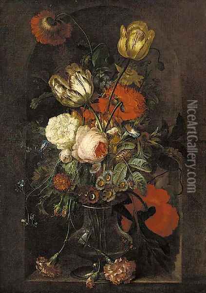 Tulips, roses, carnations, morning glory and other flowers in a glass vase in a stone niche Oil Painting - Jan Van Huysum