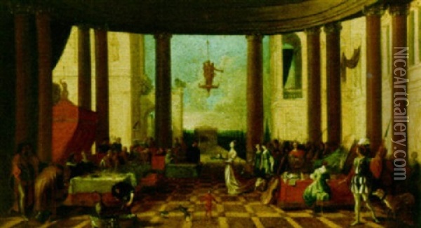 The Feast Of Herodes With Salome And The Head Of Saint John The Baptist Oil Painting - Johann Heinrich Schoenfeldt