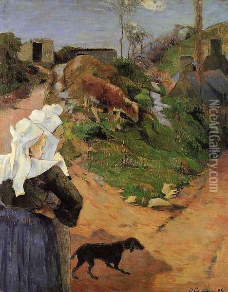 Breton Women At The Turn Oil Painting - Paul Gauguin
