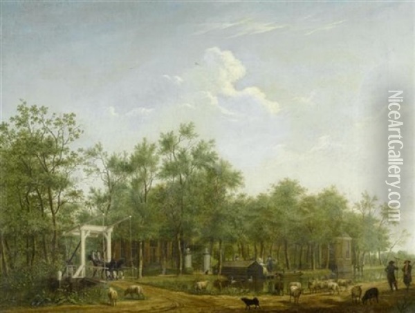 Niederlandische Flusslandschaft Mit Kutsche, Hirten Und Tieren Oil Painting - Isaac Ouwater