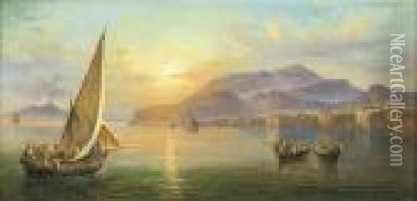 Barche E Pescatori Nel Golfo Di Napoli Oil Painting - Consalvo Carelli