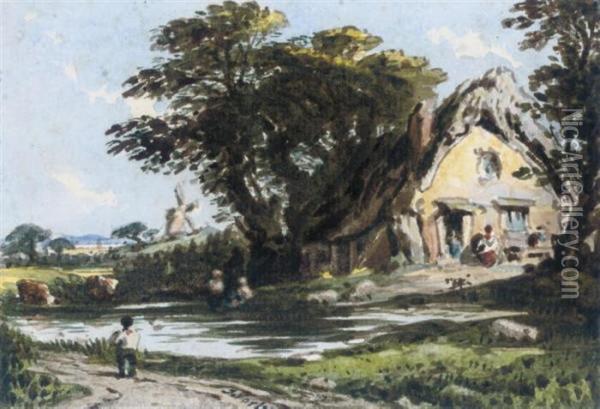 Figures By A Cottage With A River Running Past, A Windmill Beyond Oil Painting - John Varley