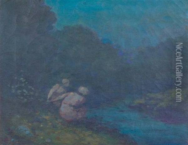 Figures By A River At Twilight Oil Painting - George Russell