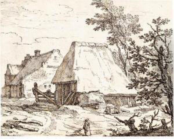 View Of Thatched Farm Buildings, With The Farmer And His Dog In The Foreground Oil Painting - Claes Jansz Ii Visscher