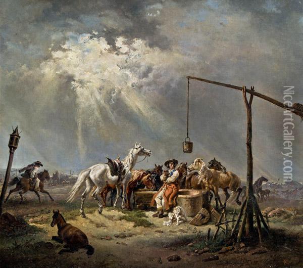 Hirte Mit Pferden In Der Puszta Oil Painting - Johann Gualbert Raffalt
