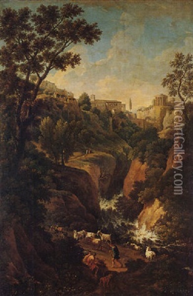 A Capriccio Of Tivoli, With Peasants And Animals By The Falls Oil Painting - Jan Frans van Bloemen