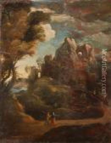 Travellers In Arocky Landscape Oil Painting - Salvator Rosa
