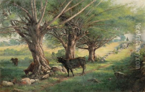 Sylvan Landscape With Cattle And Farmer Oil Painting - George Albert Frost