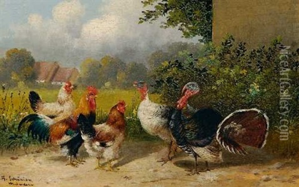 Huhner Und Puten Oil Painting - Alfred Schoenian