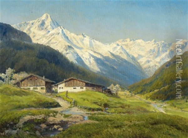 Tal Im Fruhling, Im Hintergrund Berge Im Schnee Oil Painting - Konrad Petrides