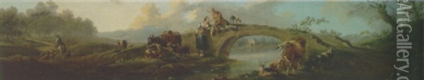 A River Landscape With A Goatherd And A Girl By A Bridge, A Shepherd And Sheep On A Path Beyond Oil Painting - Jean Baptiste Huet