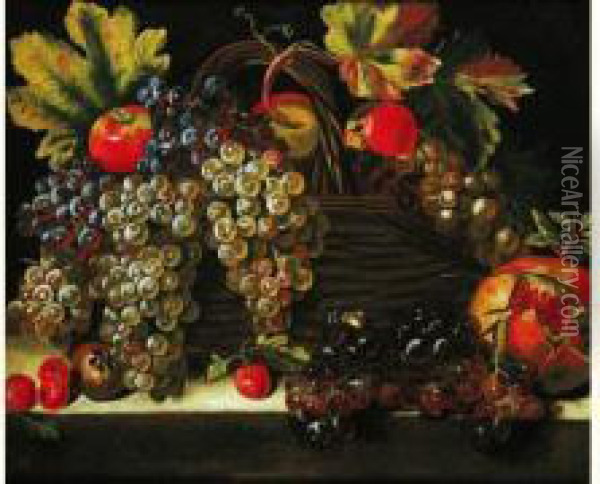 Nature Morte A La Corbeille De Fruits Sur Un Entablement Oil Painting - Michele Pace Del (Michelangelo di) Campidoglio