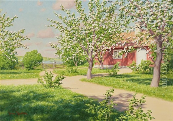 Blommande Appeltrad Med Rod Stuga Oil Painting - Johan Fredrik Krouthen