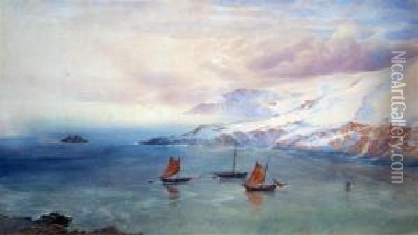 Fishing Boats At Anchor Off A Snowy Coastline Oil Painting - George Whitaker
