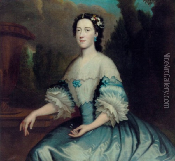 Portrait Of A Lady In A Blue Dress Trimmed With Lace And Blue Ribbons, With A White Lace Collar, By An Urn On A Terrace Oil Painting - Thomas Bardwell