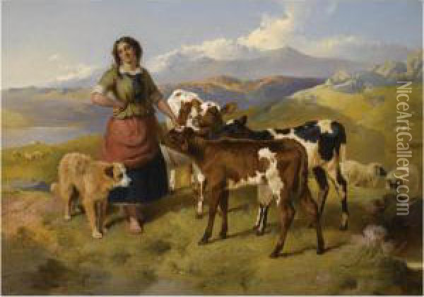 Highland Landscape With A Shepherdess Feeding Calves Oil Painting - George W. Horlor