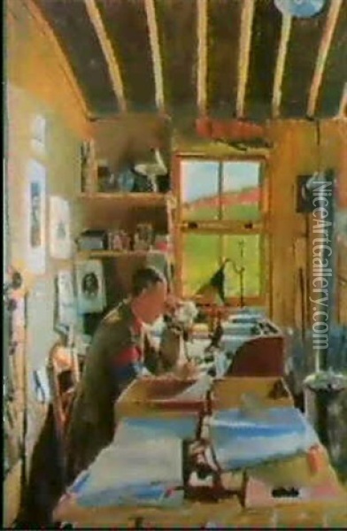 Major A.n. Lee, D.s.o., O.b.e,t.d., In His Hut Office At    Beaumerie-sur-mer, France (2) Oil Painting - Sir William Orpen