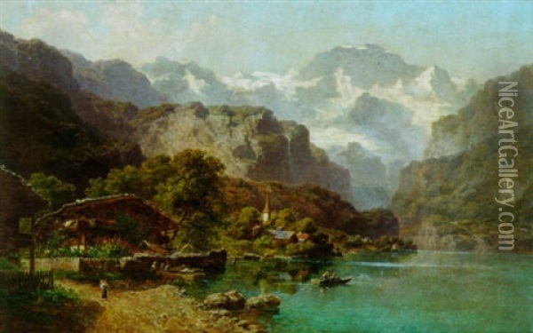 Uferpartie Am Thunersee Mit Blick Auf Die Jungfrau Oil Painting - Joseph Nikolaus Butler