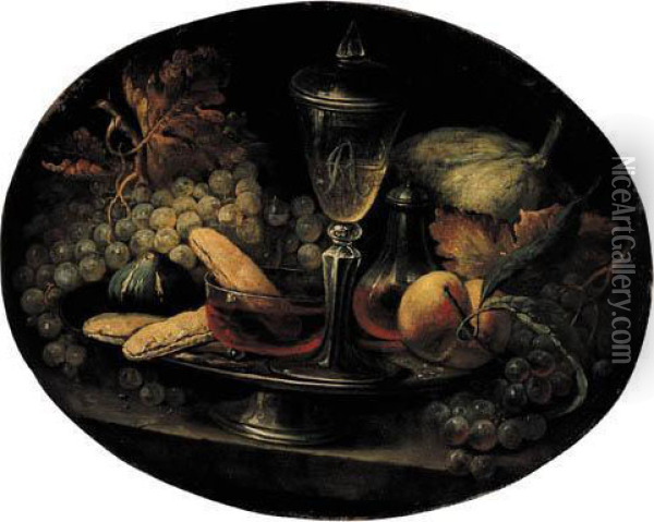 Grapes, A Fig, Breadrolls, 
Wineglasses And A Peach On A Pewter Plate With Grapes And A Melon On A 
Stone Ledge Oil Painting - Alexandre-Francois Desportes