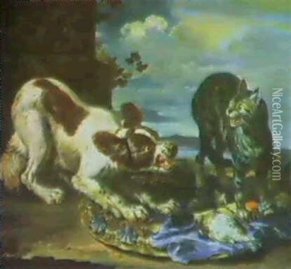 A Dog Startling A Cat & A Hound With Dead Game   And A Gun Oil Painting - David de Coninck