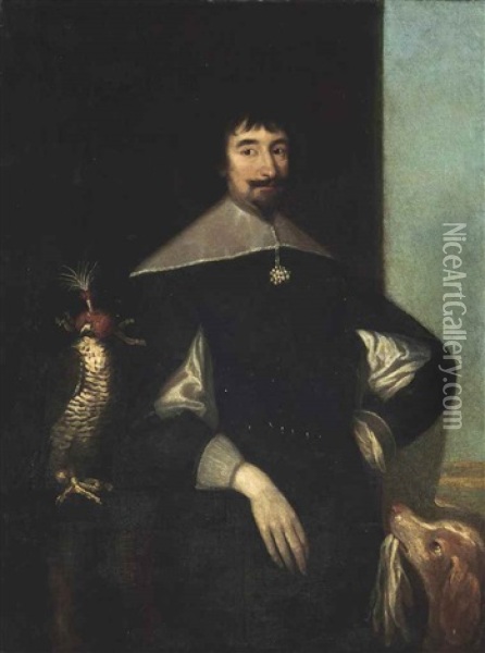 Portrait Of A Gentleman, Three-quarter-length, In A Black Doublet And A White, Standing Collar Leaning Against A Balustrade, With A Falcon And A Pointer Oil Painting - Cornelis Jonson Van Ceulen