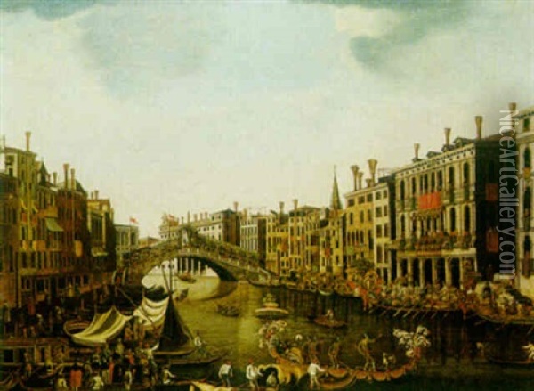 Venice, The Grand Canal From The South, Looking Towards The Rialto Bridge Oil Painting - Luca Carlevarijs