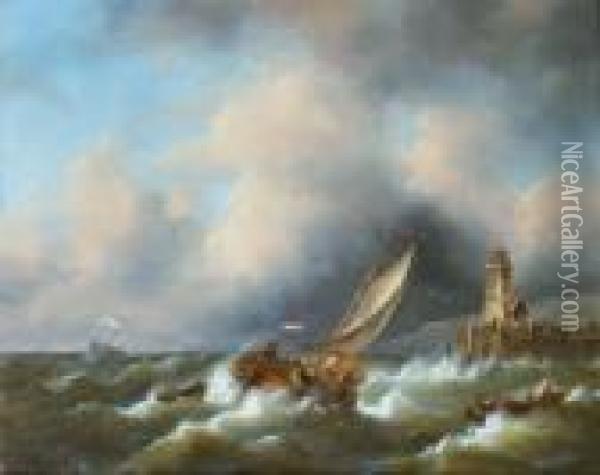 Sailing In A Stiff Breeze By A Coast Oil Painting - Govert Van Emmerik