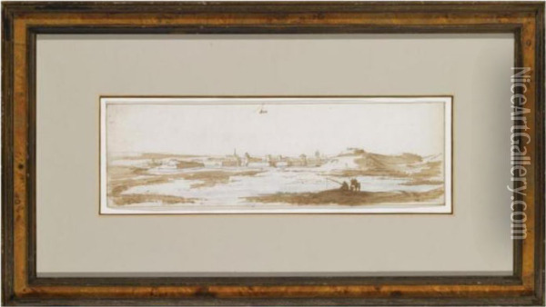 View Of The Town Of Ham And Its Surrounding Landscape, With Anglers In The Forground Oil Painting - Jan Peeters
