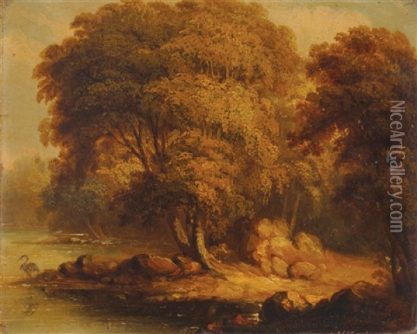 A Wooded River Landscape With A Heron Oil Painting - James Arthur O'Connor