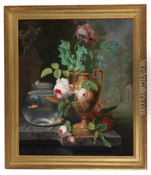 Still Life With Flowers In A Vase And Goldfish Bowl Oil Painting - Jean Baptiste Berre