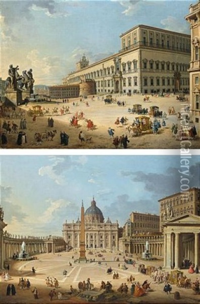 A View Of St. Peter's Basilica And St. Peter's Square With A Procession And Figures Promenading (+ A View Of The Piazza And Palazzo Del Quirinale With A Procession And Other Figures; Pair) Oil Painting - Giovanni Paolo Panini
