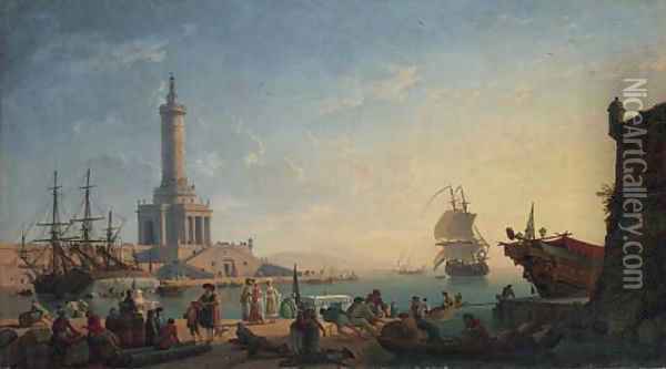 A Mediterranean harbour at sunset with fisherfolk and merchants on a quay, a lighthouse beyond Oil Painting - Claude-joseph Vernet
