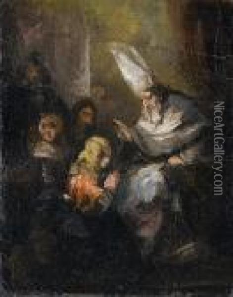 A Bishop Blessing A Woman Oil Painting - Eugenio Lucas Villamil