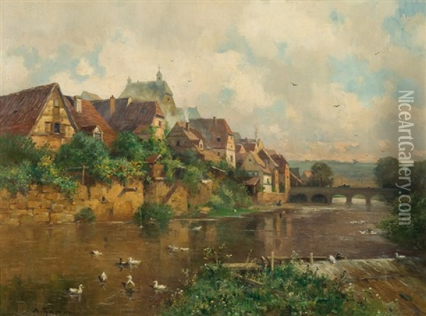 Town By The River Oil Painting - Adolf Gustav Thamm