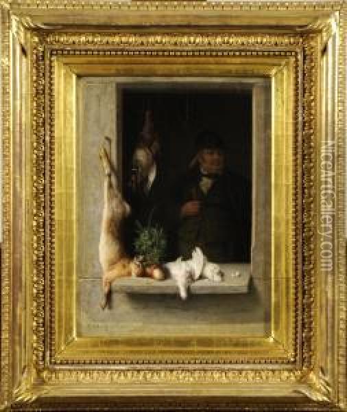 Portrait D'homme A La Nature Morte Au Lievre Oil Painting - Xaver Schwegler