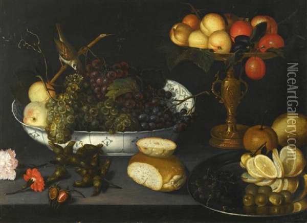 Still Life With Grapes In A Porcelain Bowl, Fruit In A Gilt Tazza And Other Objects Oil Painting - Francesco Codino
