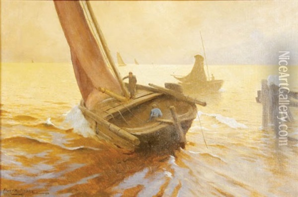 Sailing At Dawn Oil Painting - Franz Gustav Hochmann