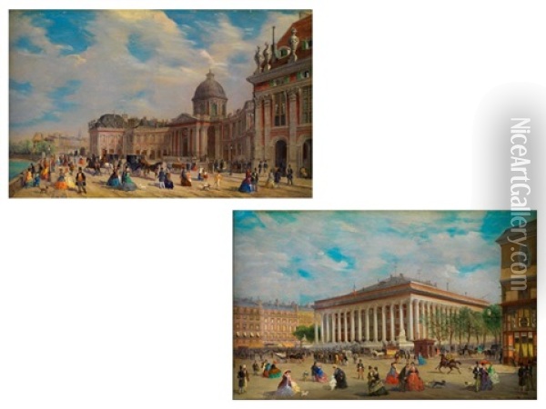 Die Bibliotheque Mazarine (+ Der Pariser Borsenpalast; Pair) Oil Painting - Giuseppe Canella I