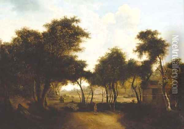 Figures by a woodland cottage Oil Painting - Meindert Hobbema