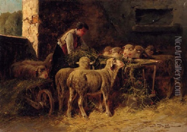 Sheep With A Shepherd In The Barn Oil Painting - Jules Bahieu