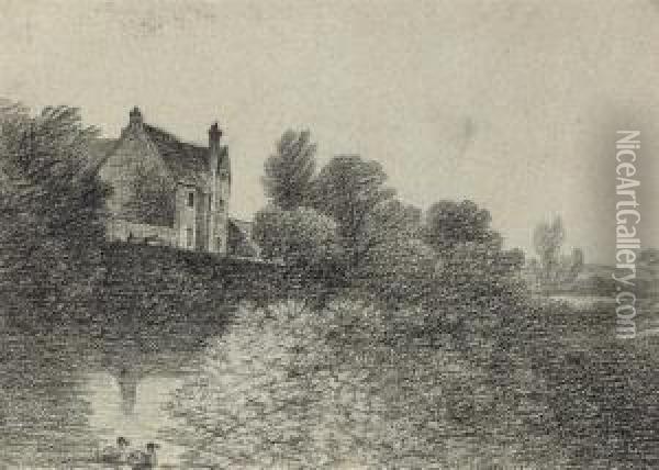 A Manor House On The Banks Of A 
River (illustrated); Cattle Beforea Barn; And A Woodland Ride Oil Painting - George Frost
