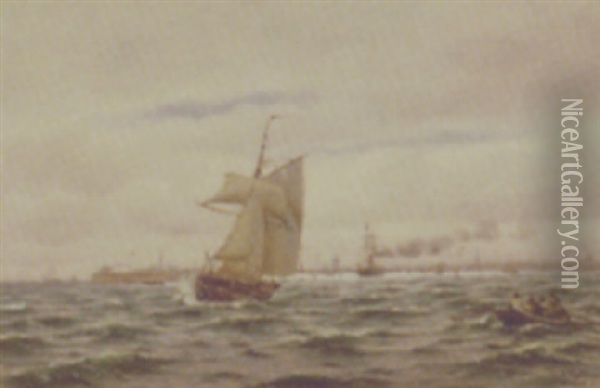 Marine Med Sejlskibe Udfor Kobenhavns Havn Oil Painting - Johan Jens Neumann