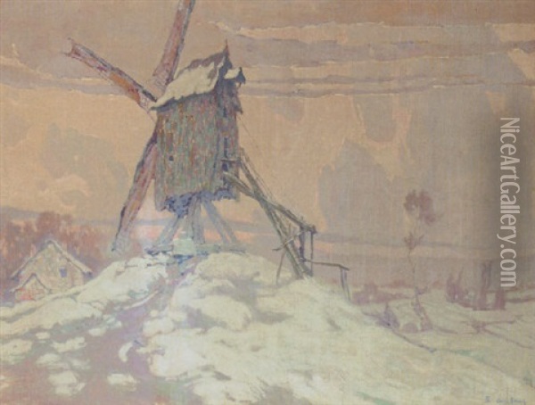 A Windmill In A Snowy Landscape Oil Painting - Pol Van De Broeck