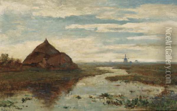 Wetering Onder Kortenhoef: A Polder Landscape Oil Painting - Paul Joseph Constantine Gabriel